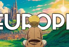 Paysage européen imaginaire avec château et village, inspiré des décors d’anime japonais