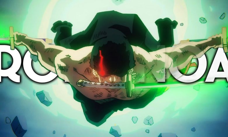 Roronoa Zoro combattant avec ses trois sabres dans One Piece